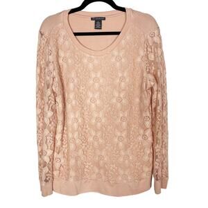 Adrianna Papell M Warm Blush Blouse Lace Overlay Long Sleeve French Terry Top